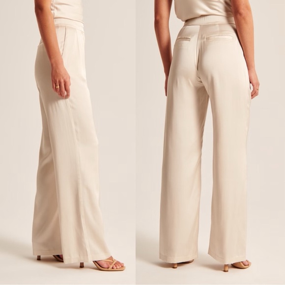 SOLD Abercrombie • Satin Tailored Wide Leg Pant trouser silky flat front Cream - Picture 15 of 15